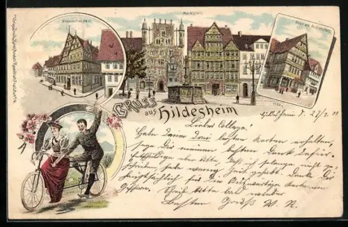 Lithographie Hildesheim, Altdeutsches Haus, Marktplatz, Haus am Andreasplatz