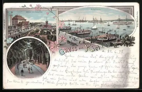 Lithographie Kiel, Anlegebrücken und Wasserallee