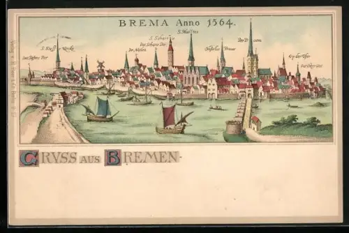 Lithographie Bremen, Totalansicht im Jahre 1564