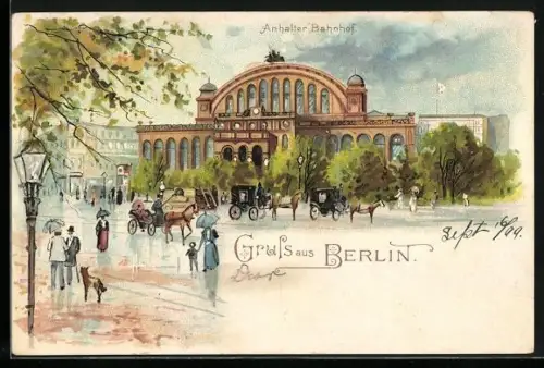 Lithographie Berlin-Kreuzberg, Anhalter Bahnhof mit Passanten