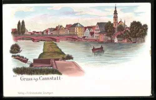 Lithographie Cannstatt, Stadtansicht mit Neckarbrücke und Kirche