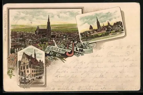 Vorläufer-Lithographie Ulm / Donau, 1895, Münster, Rathaus, Stadtansicht