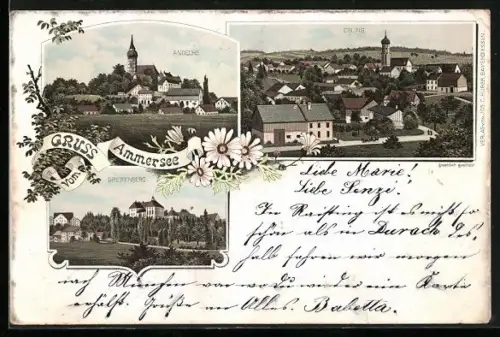 Lithographie Andechs, Ortsansicht, Greifenberg und Erling