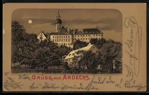 Mondschein-Lithographie Andechs, Kloster Andechs, Gesamtansicht bei Nacht