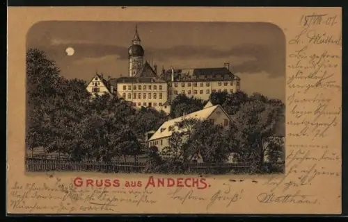 Mondschein-Lithographie Andechs, Kloster Andechs bei Nacht