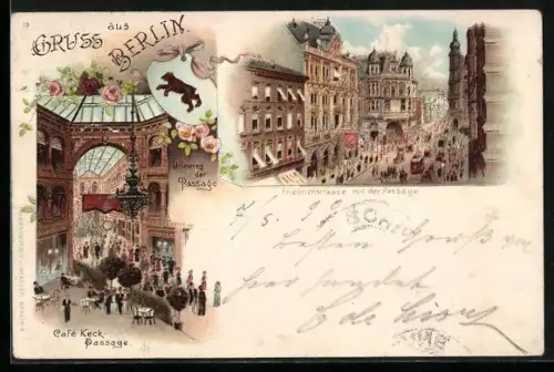 Lithographie Berlin, Friedrichstrasse mit Passage, Café Keck, innere Passage