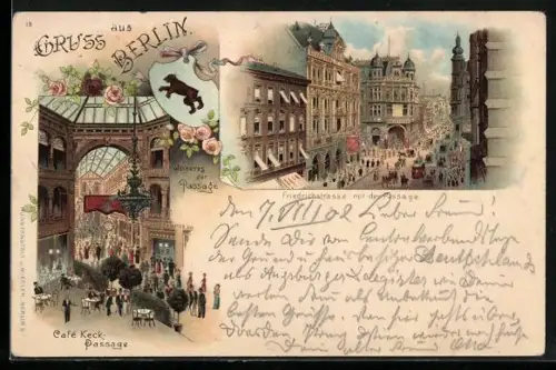Lithographie Berlin, Friedrichstrasse mit Passage, Café Keck, Inneres der Passage