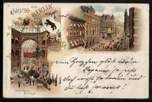 Lithographie Berlin, Friedrichstrasse mit Passage, Café Keck Passage, Jünger`sche Passage