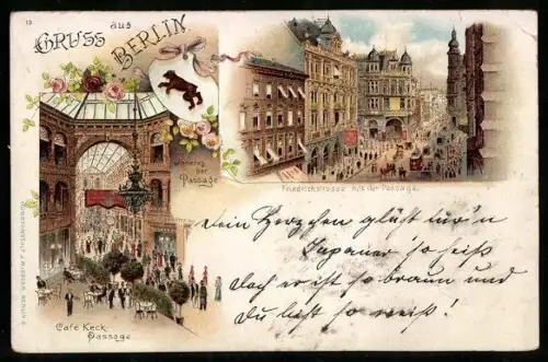 Lithographie Berlin, Friedrichstrasse mit Passage, Inneres der Passage, Café Keck Passage