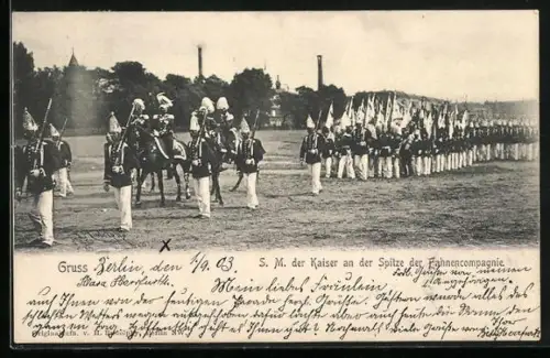 AK Berlin, Der Kaiser an der Spitze der Fahnencompagnie auf dem Tempelhofer Feld