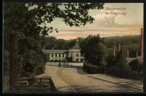 AK Kupfermühle bei Flensburg, Fabrikgebäude mit Strassenpartie