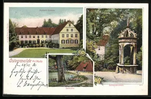 AK Ostenwalde bei Melle, Freiherrl. Schloss, Ostmühle, Schlossbrunnen
