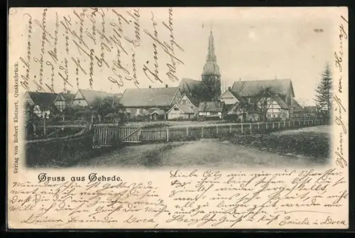 AK Gehrde, Dorfansicht mit Kirche und Fachwerkhäusern