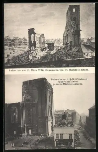 AK Hamburg-Neustadt, Ruinen der St. Michaeliskirche nach Bränden 1750 und 1906