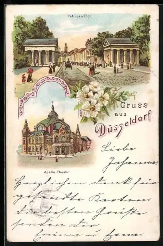 Lithographie Düsseldorf, Ratinger Thor, Apollo-Theater