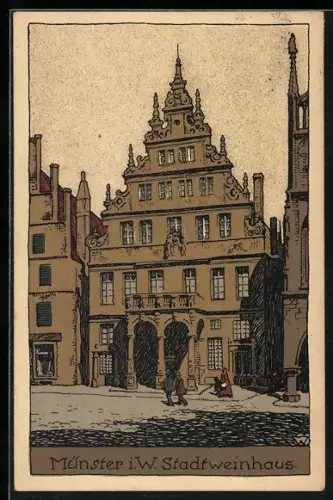 Steindruck-AK Münster i. W., Stadtweinhaus