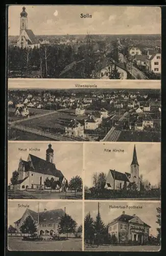 AK München-Solln, Villenkolonie, Neue Kirche, Alte Kirche, Schule, Hubertus-Apotheke