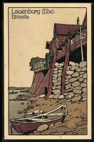 Steindruck-AK Lauenburg /Elbe, Elbseite mit Ruderboot