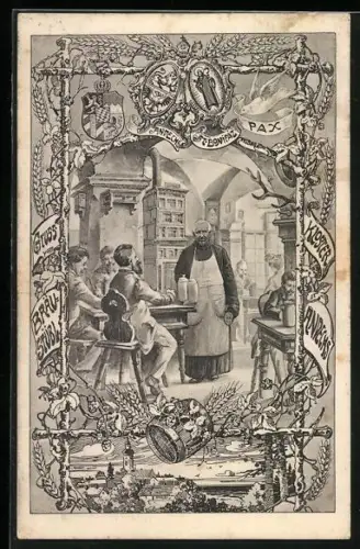 Künstler-Lithographie Andechs, Kloster, Gaststätte mit Mönch