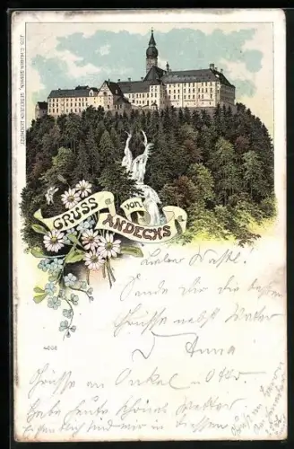 Lithographie Andechs, Kloster Andechs, Ansicht vom Hügel