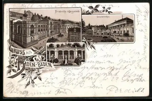 Lithographie Baden-Baden, Friedrichs und Augustabad, Conversationshaus, Portal der Trinkhalle