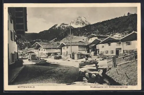 AK Mittenwald, Strassenpartie mit Wettersteingebirge