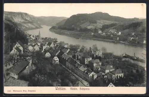 AK Wehlen /Sächs. Schweiz, Ortsansicht mit Flusspartie