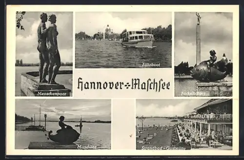 AK Hannover-Maschsee, Strandbad-Gaststätte, Menschenpaar, Fahrboot, Fackelträger