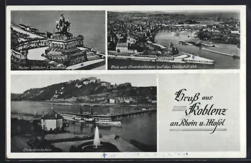 AK Koblenz am Rhein, Kaiser Wilhelm I. Denkmal, Ehrenbreitstein, Deutsches Eck