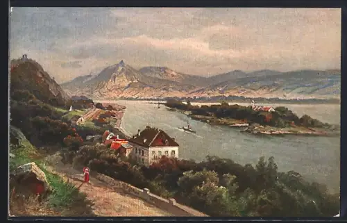 Künstler-AK Rolandseck, Ortsansicht mit Gebirge