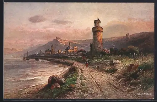 Künstler-AK Oberwesel, Ortsansicht am Rheinufer