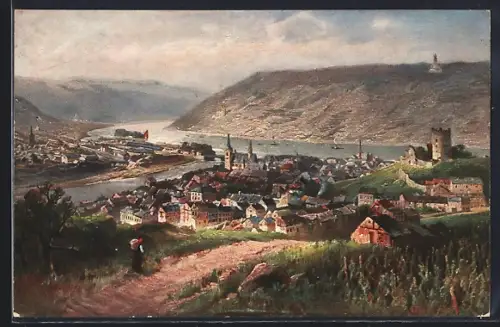 Künstler-AK Bingen / Rhein, Ortsansicht mit Kirche