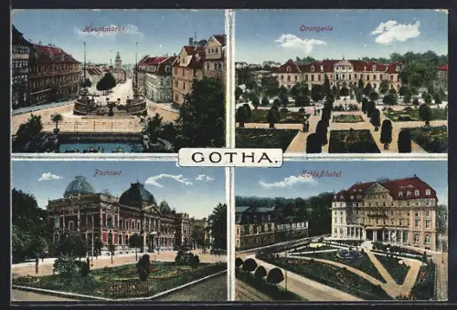 AK Gotha, Hauptmarkt, Orangerie, Postamt, Schlosshotel