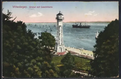 AK Hamburg-Wittenbergen, Strand mit Leuchtturm
