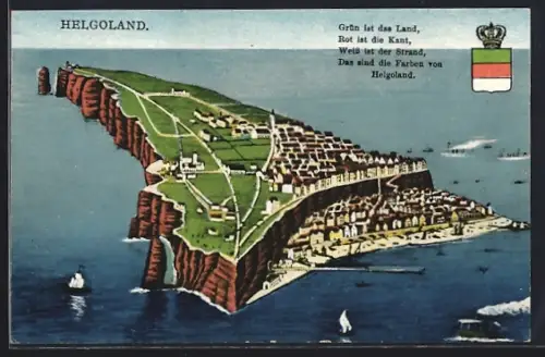 Künstler-AK Helgoland, Inselansicht mit Wappen