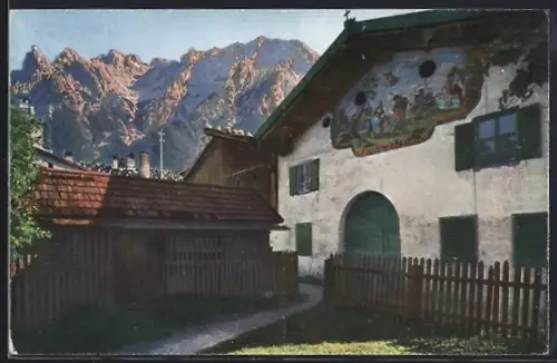 AK Mittenwald, Bemaltes Bauernhaus Flucht nach Ägypten mit Karwendelkette