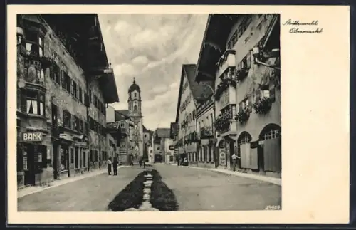 AK Mittenwald, Obermarkt, Kirche, Bank