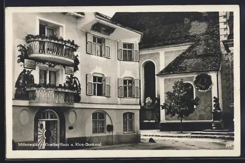 AK Mittenwald, Goethe-Haus, Klotz-Denkmal