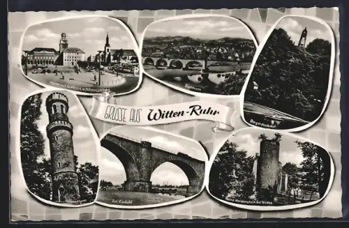 AK Witten-Ruhr, Rathaus, Viadukt, Bergerdenkmal, Helenenturm, Burgruine Hardenstein