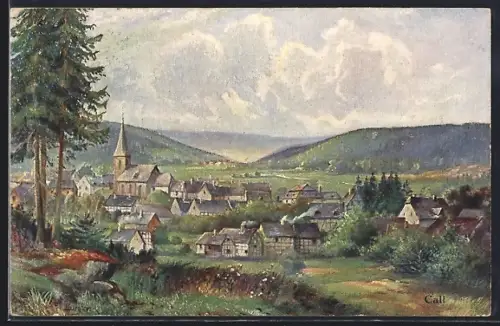 Künstler-AK Call i. d. Eifel, Ortsansicht mit Kirche