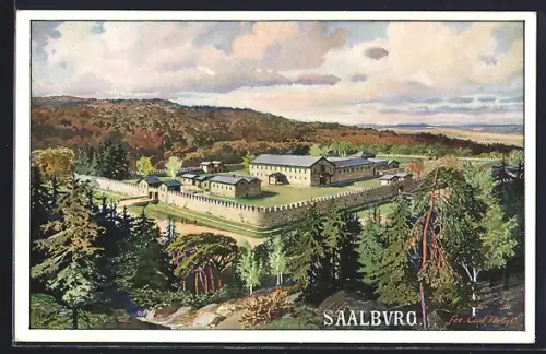 Künstler-AK Saalburg / Taunus, Ortsansicht mit Wald