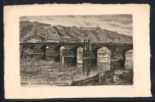 Künstler-AK Trier, Römerbrücke, Mariensäule