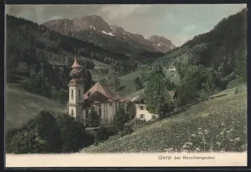 AK Gern bei Berchtesgaden, Kirche gegen die Berge