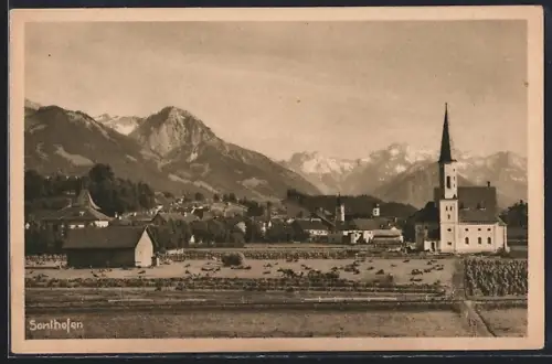 AK Sonthofen im bayr. Allgäu, Ortsansicht mit Kirche und Alpenpanorama