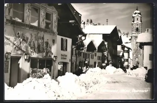 AK Mittenwald, Obermarkt, Bank, Textilwaren