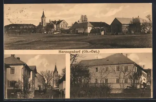 AK Herzogsdorf, Ortspartie mit Kirche, Gebäudeansicht, Brunnen