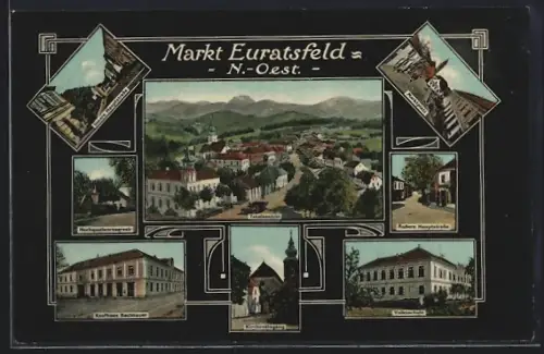 AK Euratsfeld /N.-Oest., Innere Hauptstrasse, Hochquellenreservoir, Kaufhaus Bachbauer, Volksschule, Marktplatz