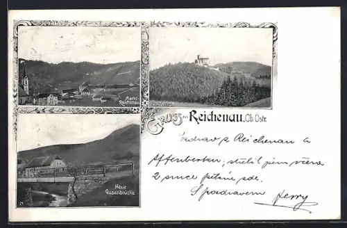 AK Reichenau /Ob. Östr., Neue Gusenbrücke, Schloss und Ortsansicht