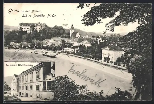 AK Grein an der Donau, Gasthaus Walchshofer, Uferpartie mit Schloss