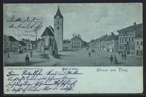 Mondschein-AK Perg, Platz zu Perg mit Kirche